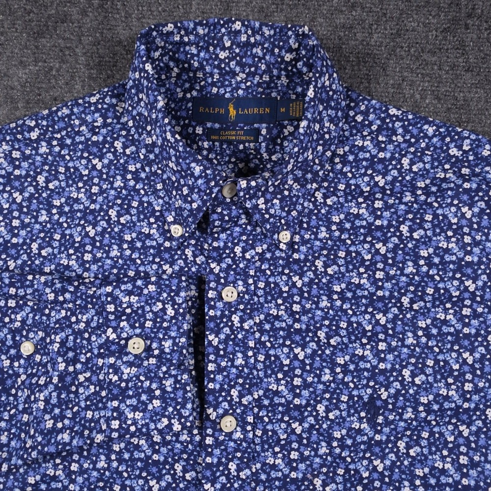 Polo Ralph Lauren Shirt Mens M Blue Floral AOP Button Down Preppy Cotton Stretch